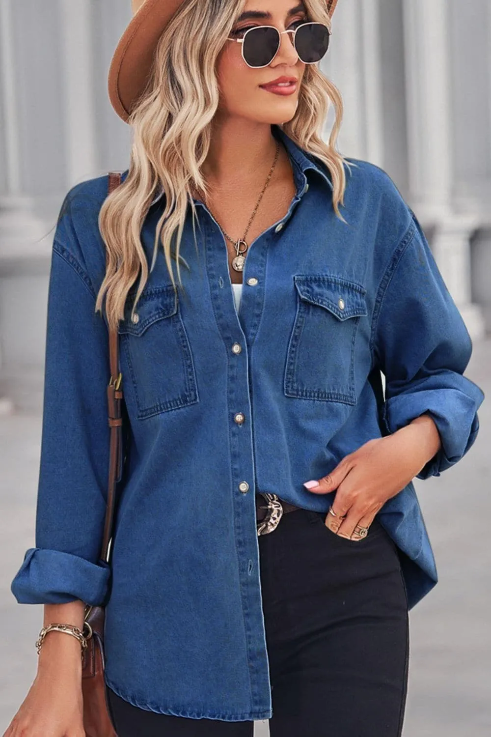 Amber Collared Neck Dropped Shoulder Denim Top