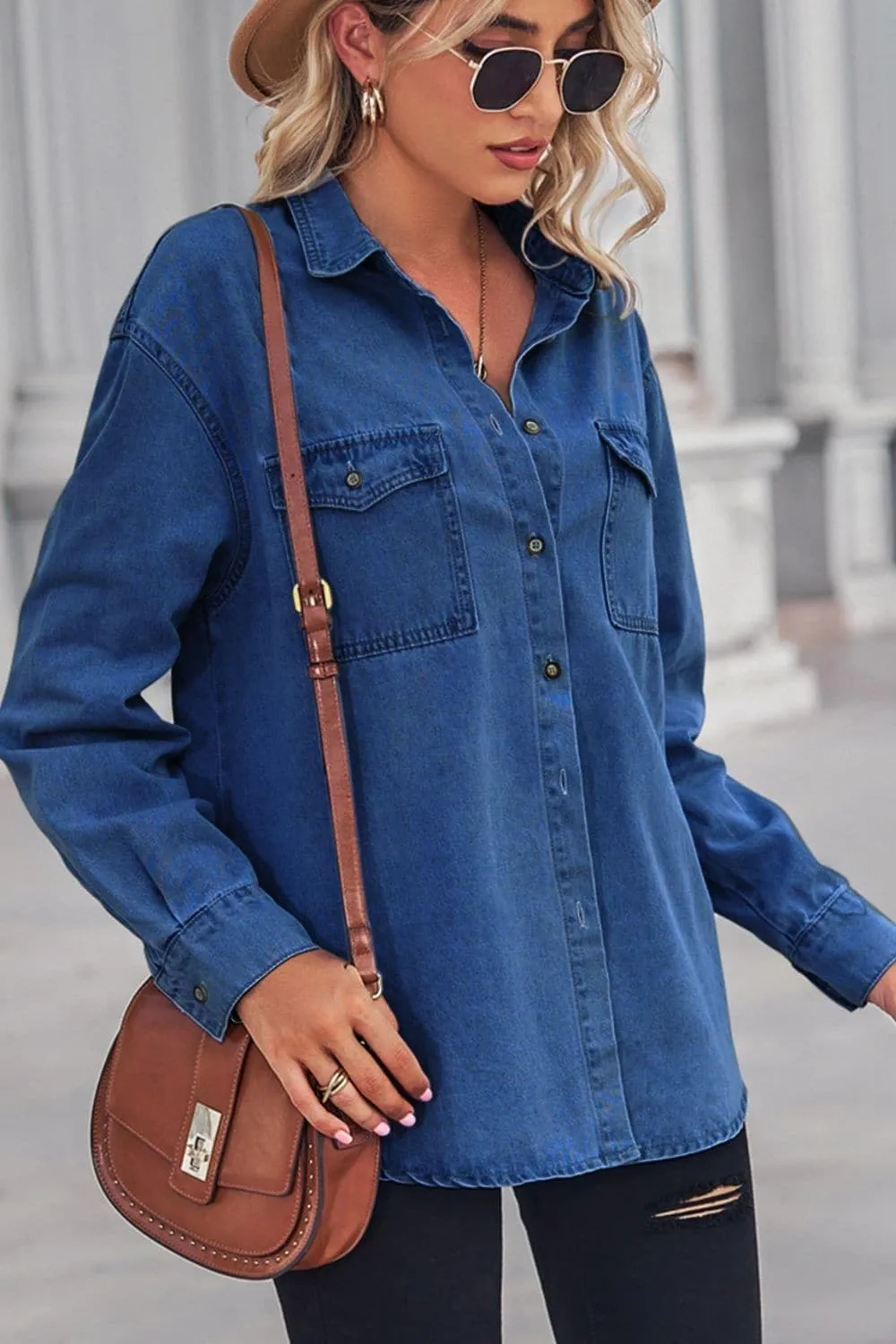 Amber Collared Neck Dropped Shoulder Denim Top