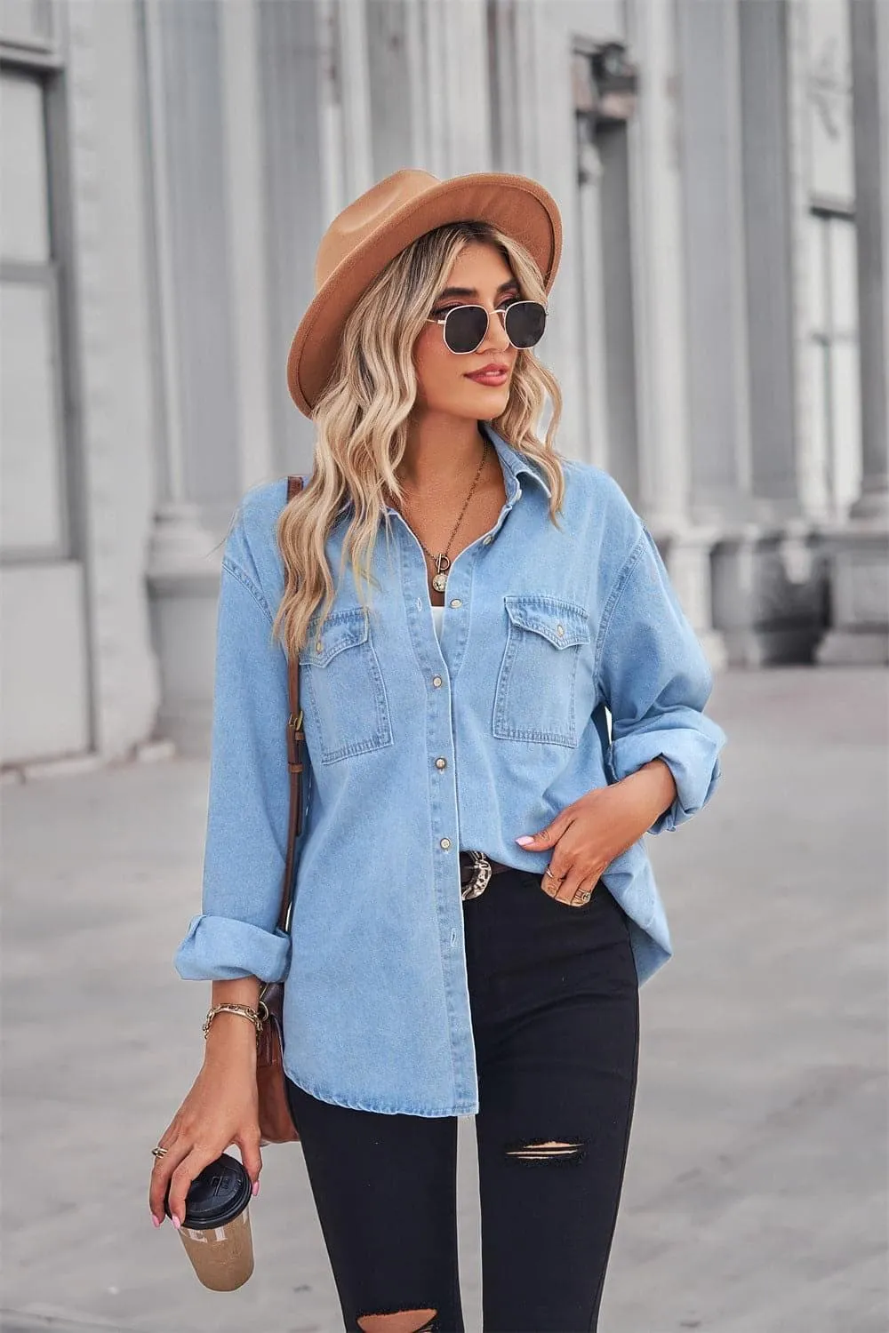 Amber Collared Neck Dropped Shoulder Denim Top