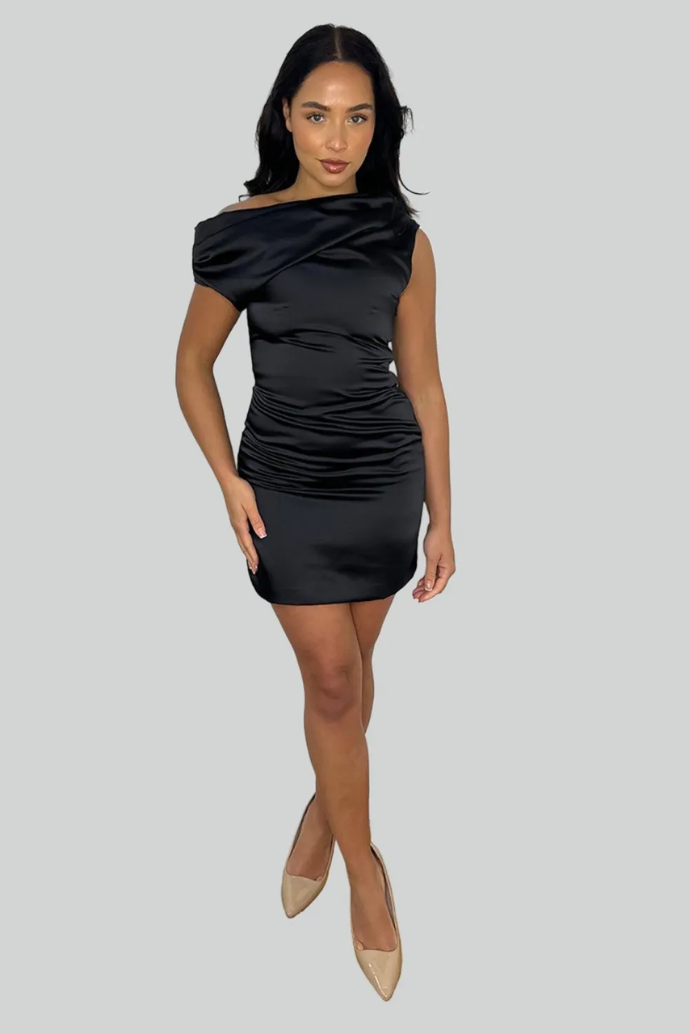 Black Satin One Slouched Shoulder Mini Dress