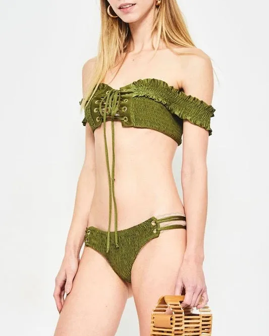 California Girl - Off-The-Shoulder Smocked Bikini Set - Olive