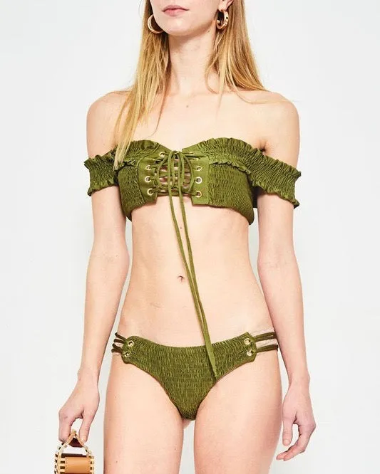 California Girl - Off-The-Shoulder Smocked Bikini Set - Olive