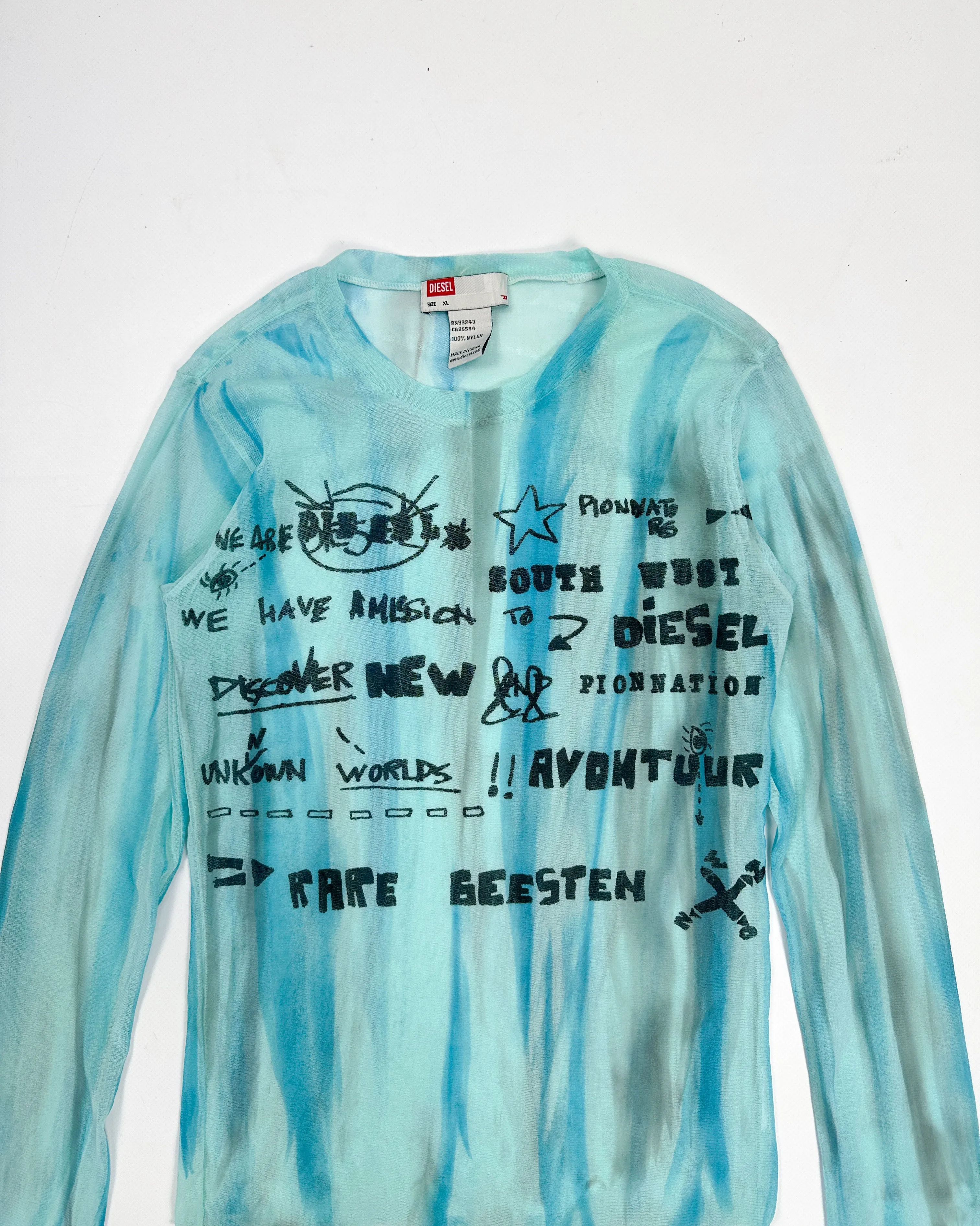 Diesel Lettering Print Blue Mesh Top 1990's