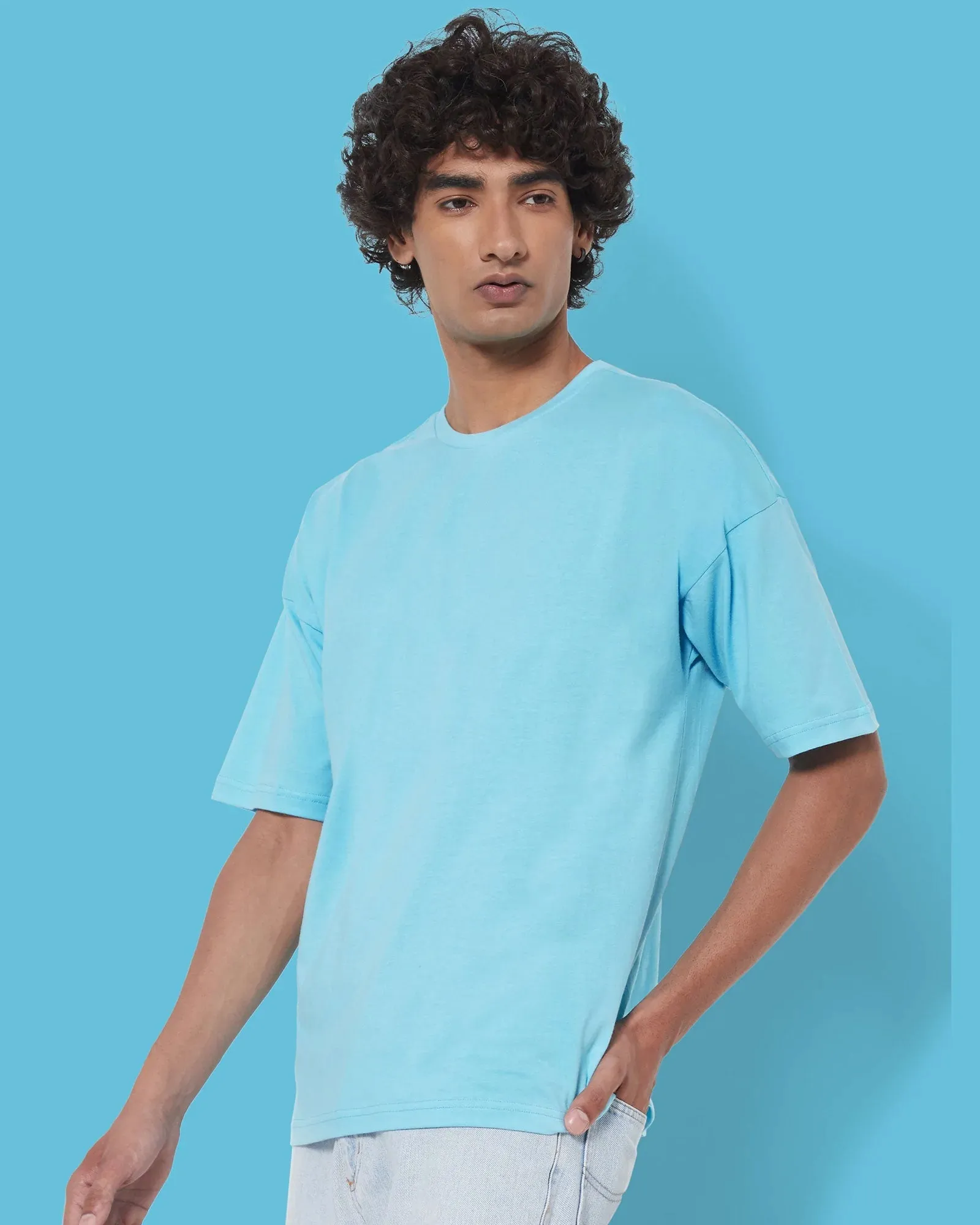 Drop Shoulder Crew Neck: Aqua Blue