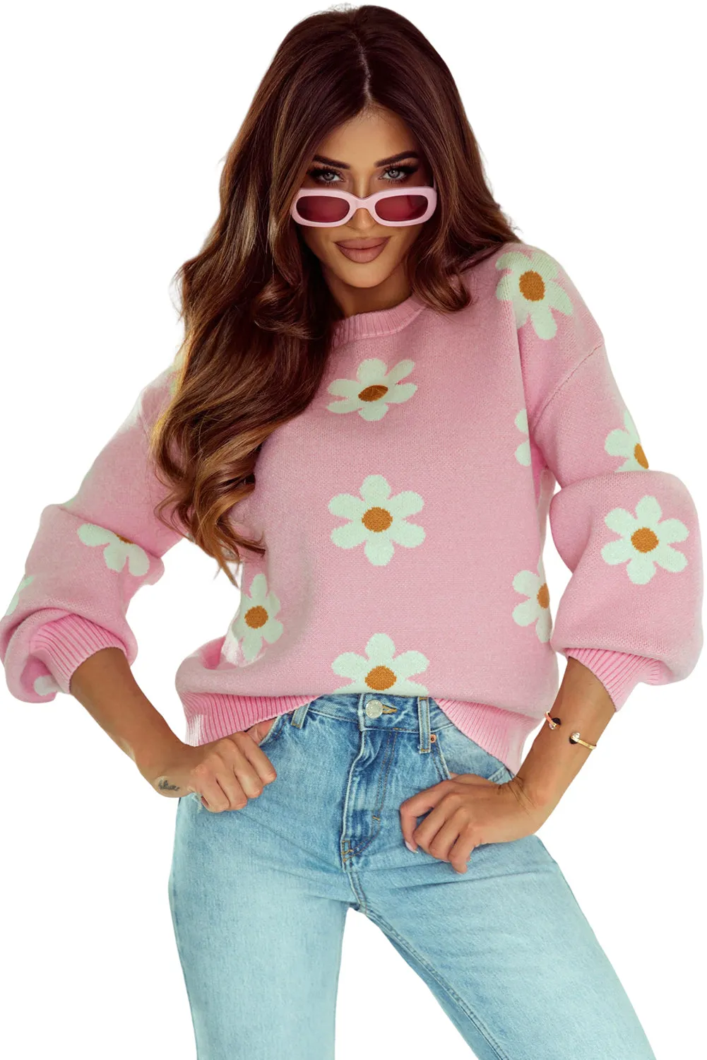 Floral Pattern Drop Shoulder Pink Sweater