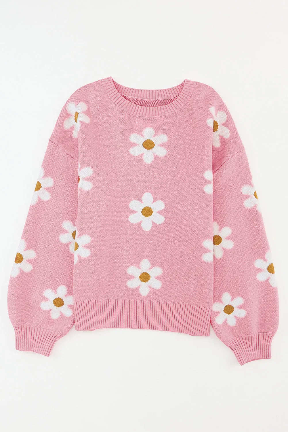 Floral Pattern Drop Shoulder Pink Sweater