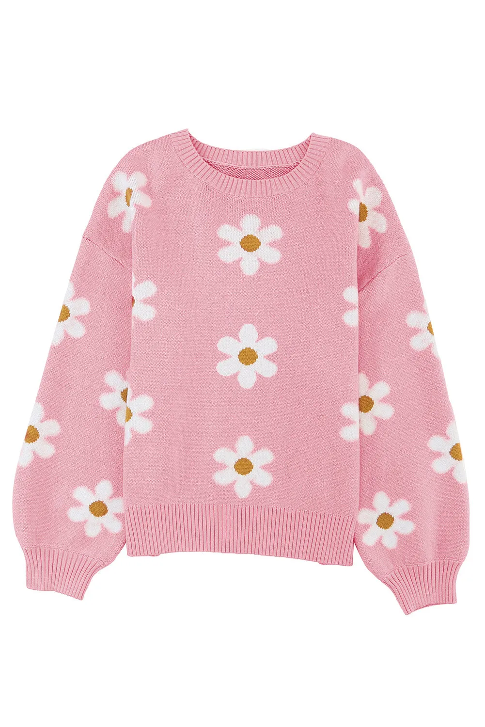 Floral Pattern Drop Shoulder Pink Sweater