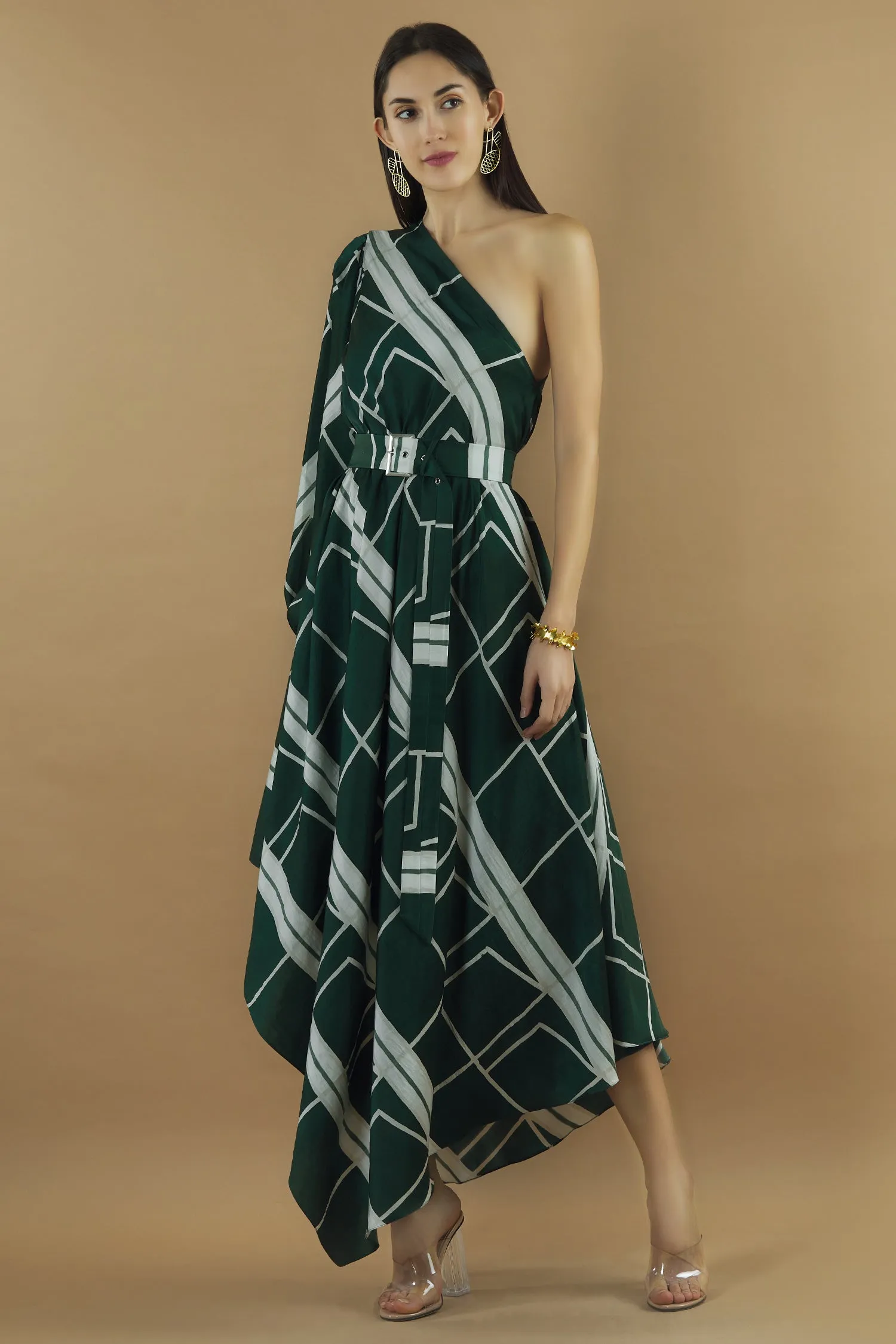 Geometric Printed One Shoulder Drape