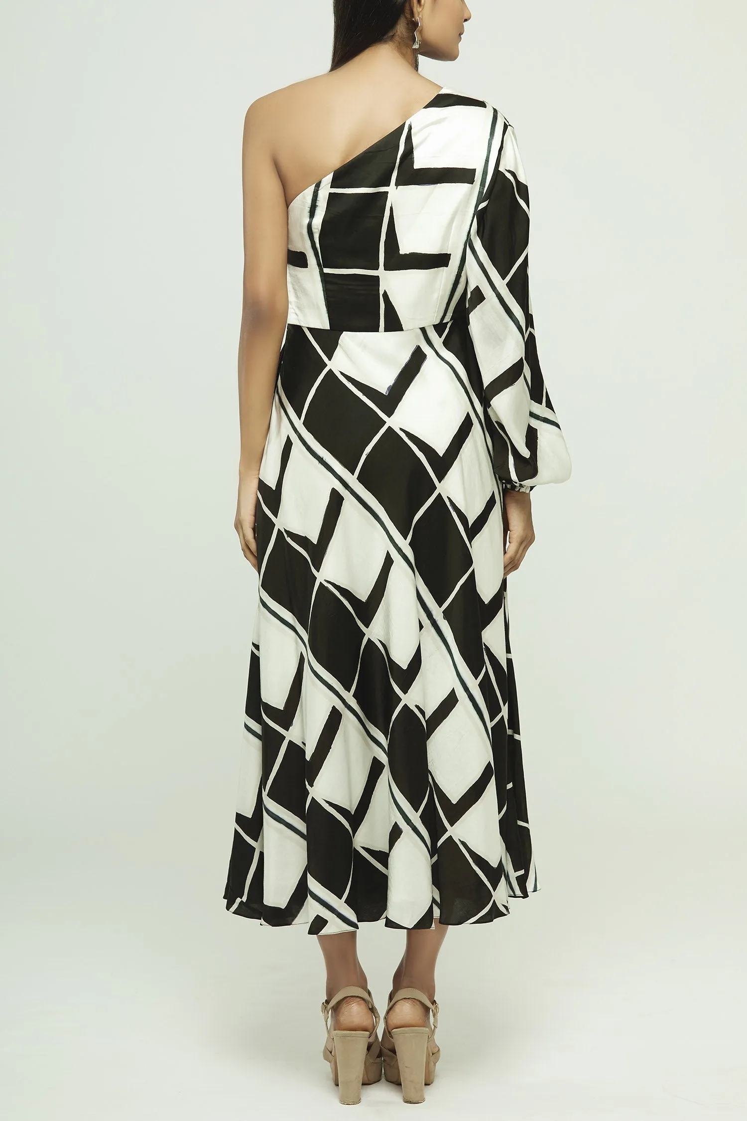 Geometric Printed One Shoulder Midi Dress