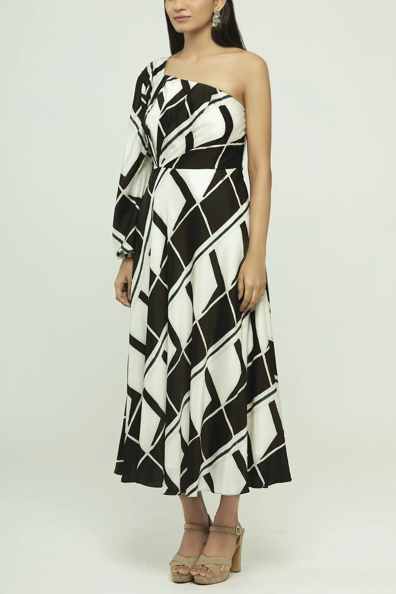 Geometric Printed One Shoulder Midi Dress