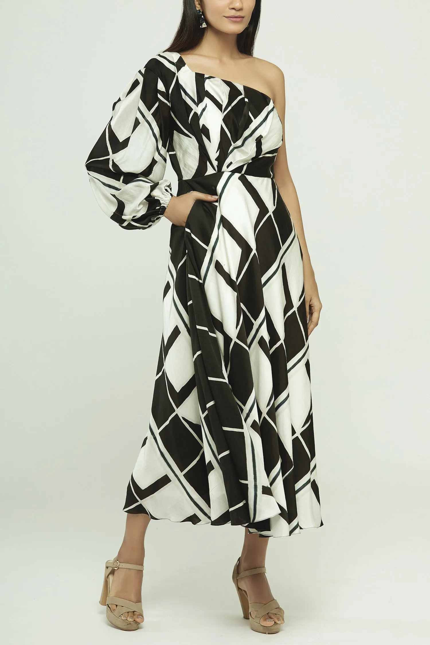 Geometric Printed One Shoulder Midi Dress