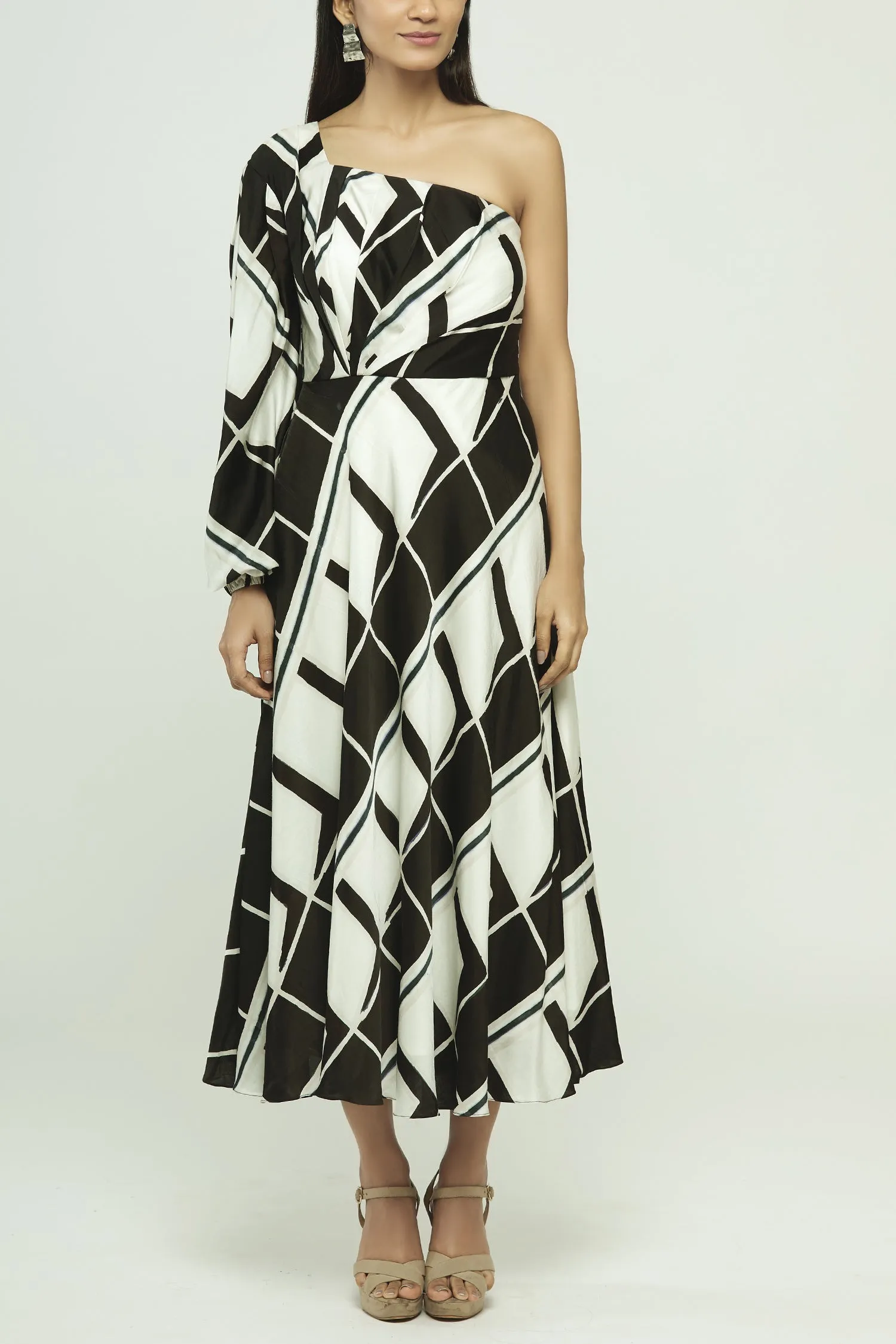 Geometric Printed One Shoulder Midi Dress