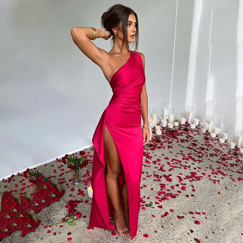 One Shoulder Satin Maxi Dress