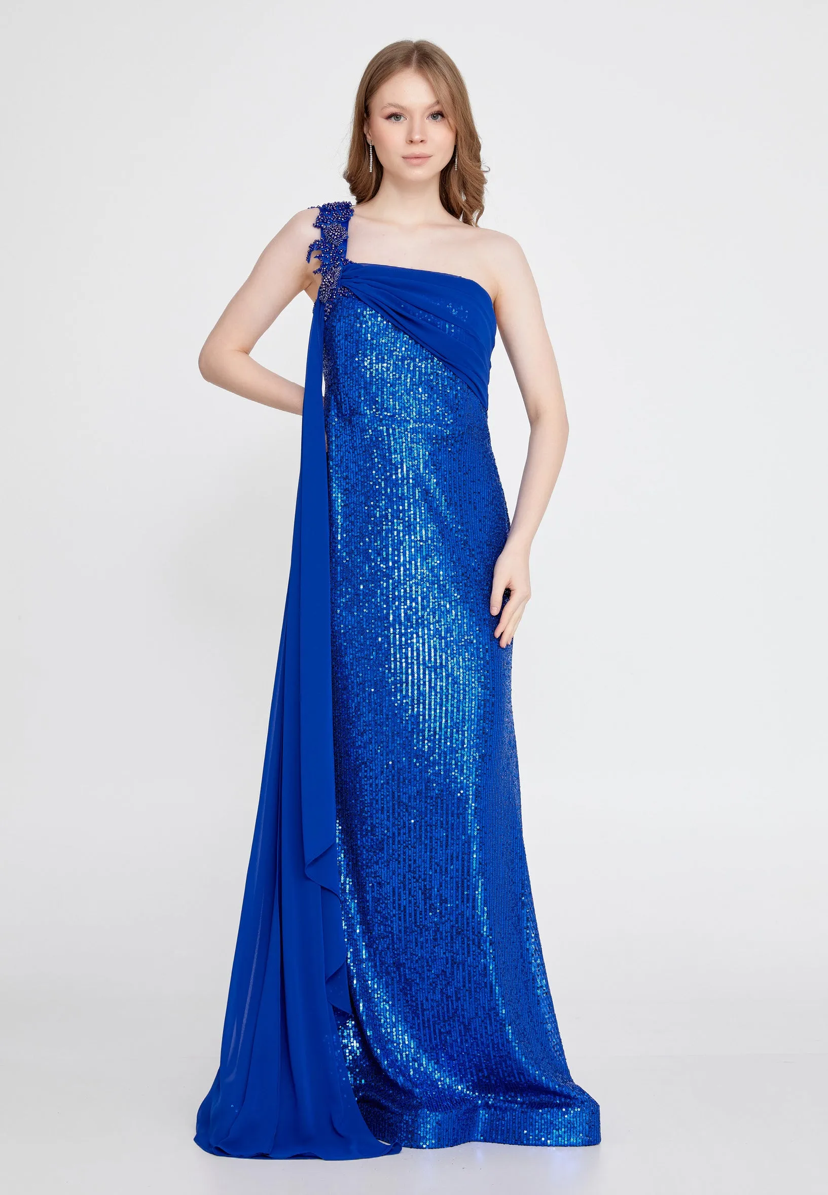 One-shoulder Sequin Gown with Long Chiffon Shoulder - Royal Blue