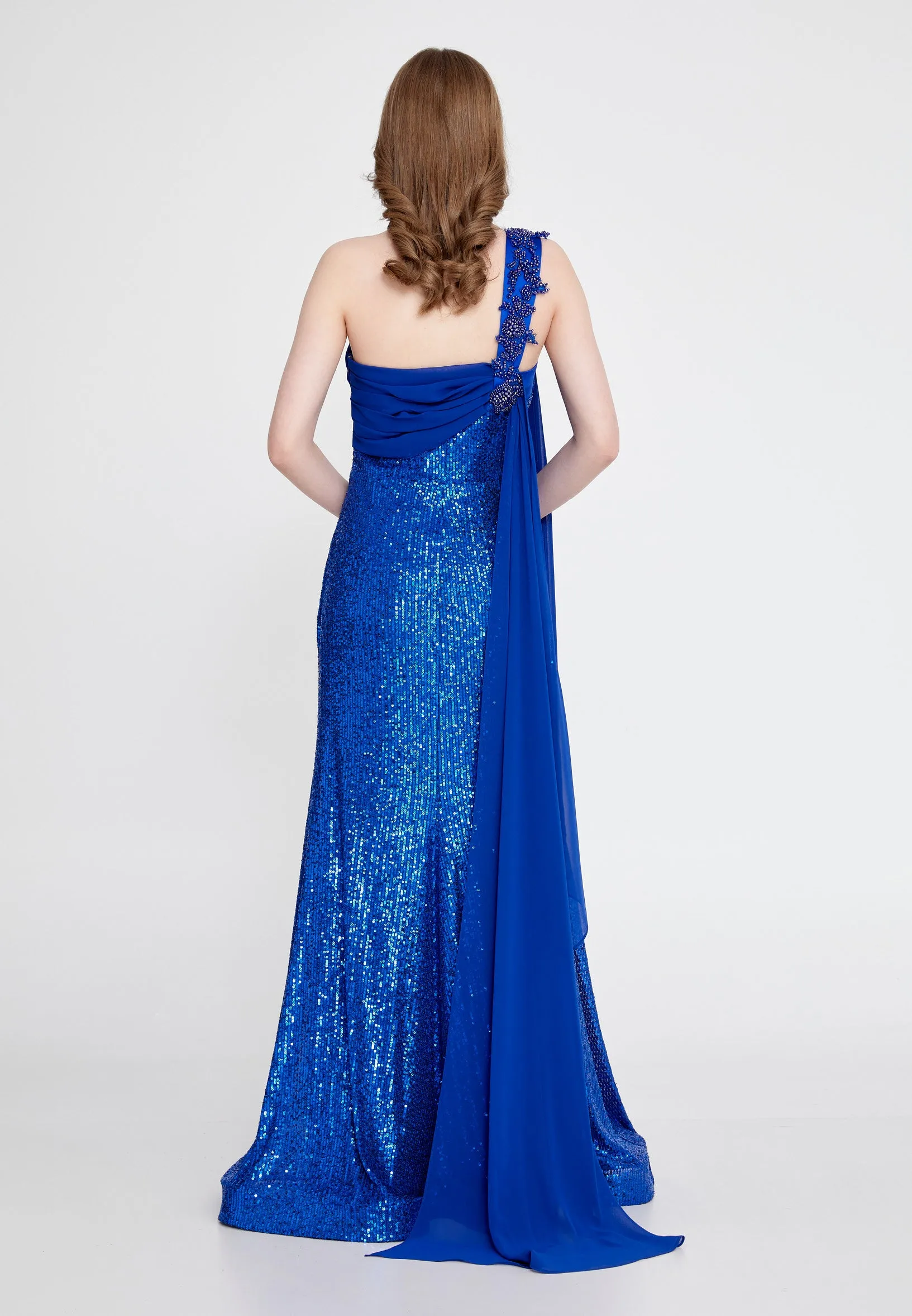 One-shoulder Sequin Gown with Long Chiffon Shoulder - Royal Blue