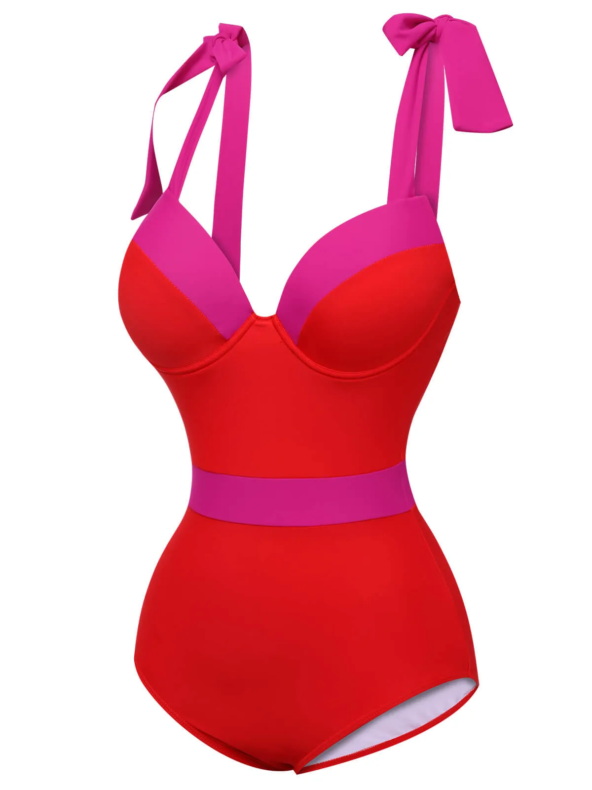 Red 1950s Colorblock Shoulder Tie-Up Swimsuit