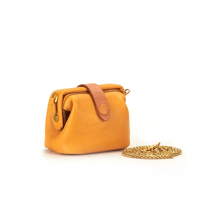 Simple Mini Mouth Gold Bag Cowhide Doctor Bag