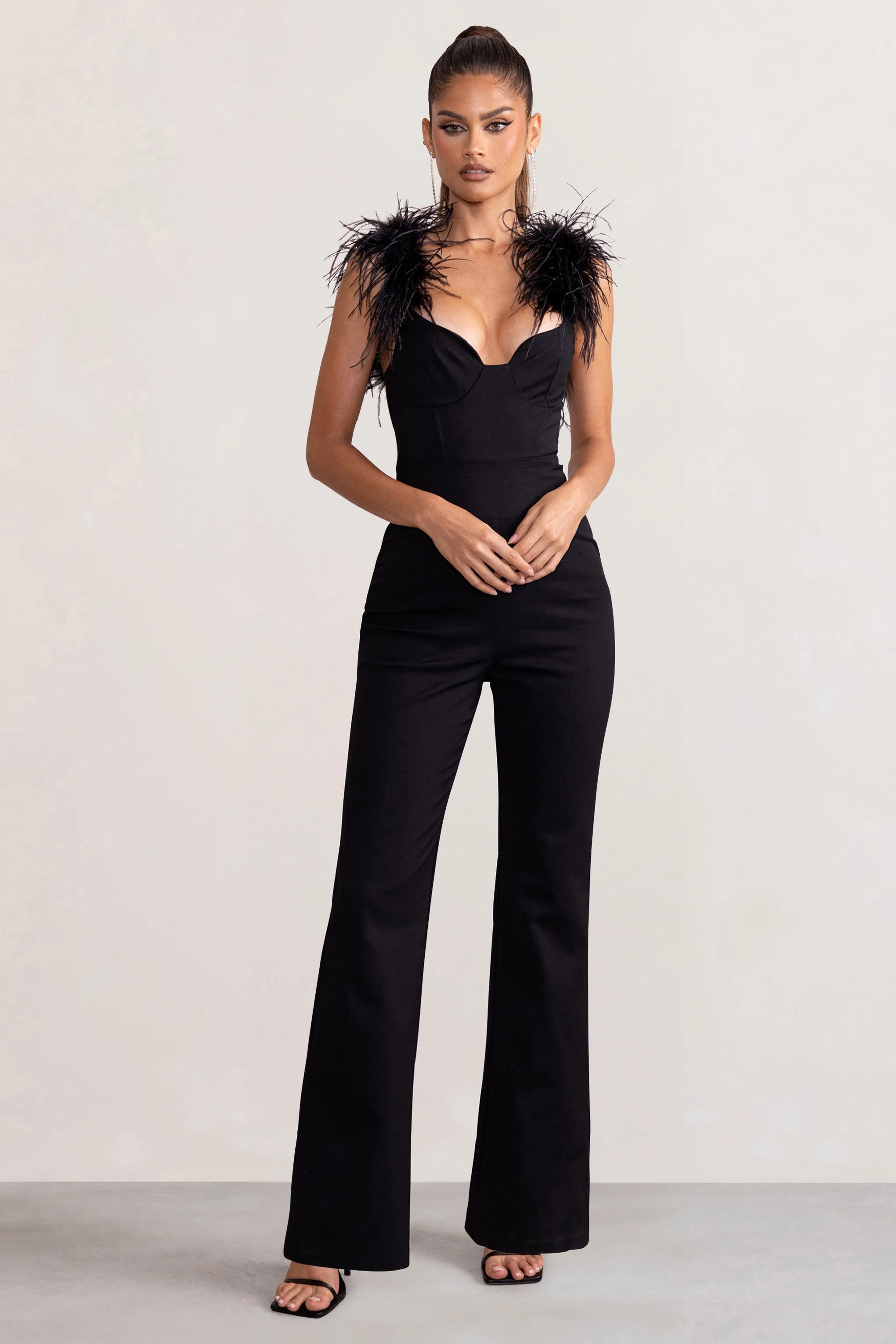 Verity | Black Feather Shoulder Corset Style Jumpsuit