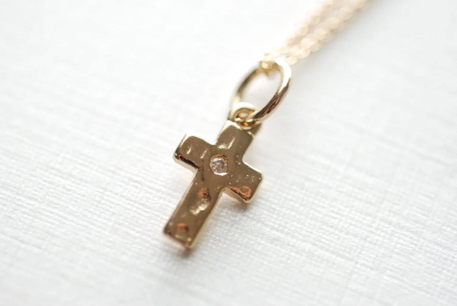 Wholesale Gold Cross Necklace- Hammered Cross Necklace, Cross with Tiny Crystal, Dainty Cross necklace