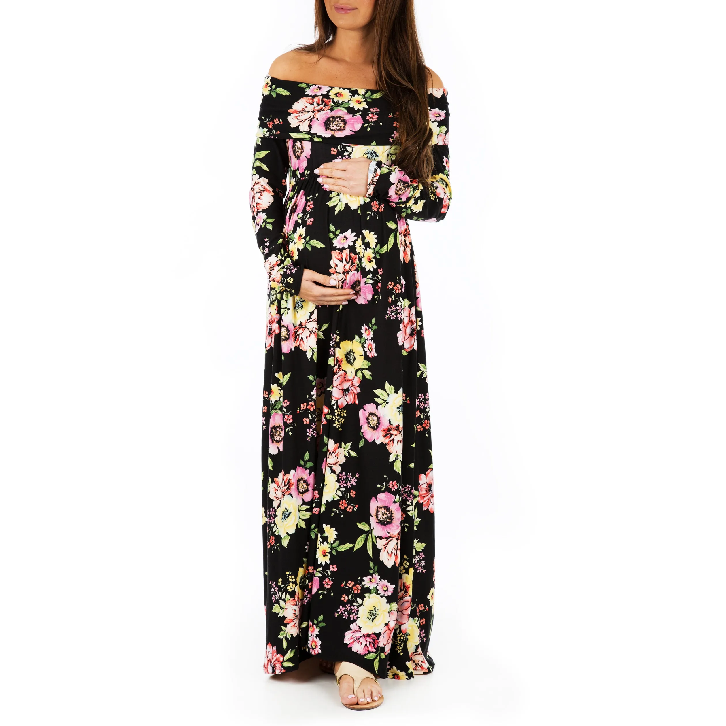 Women's Floral Over the Shoulder Ruched Maternity and Nursing Dress - Made in USA