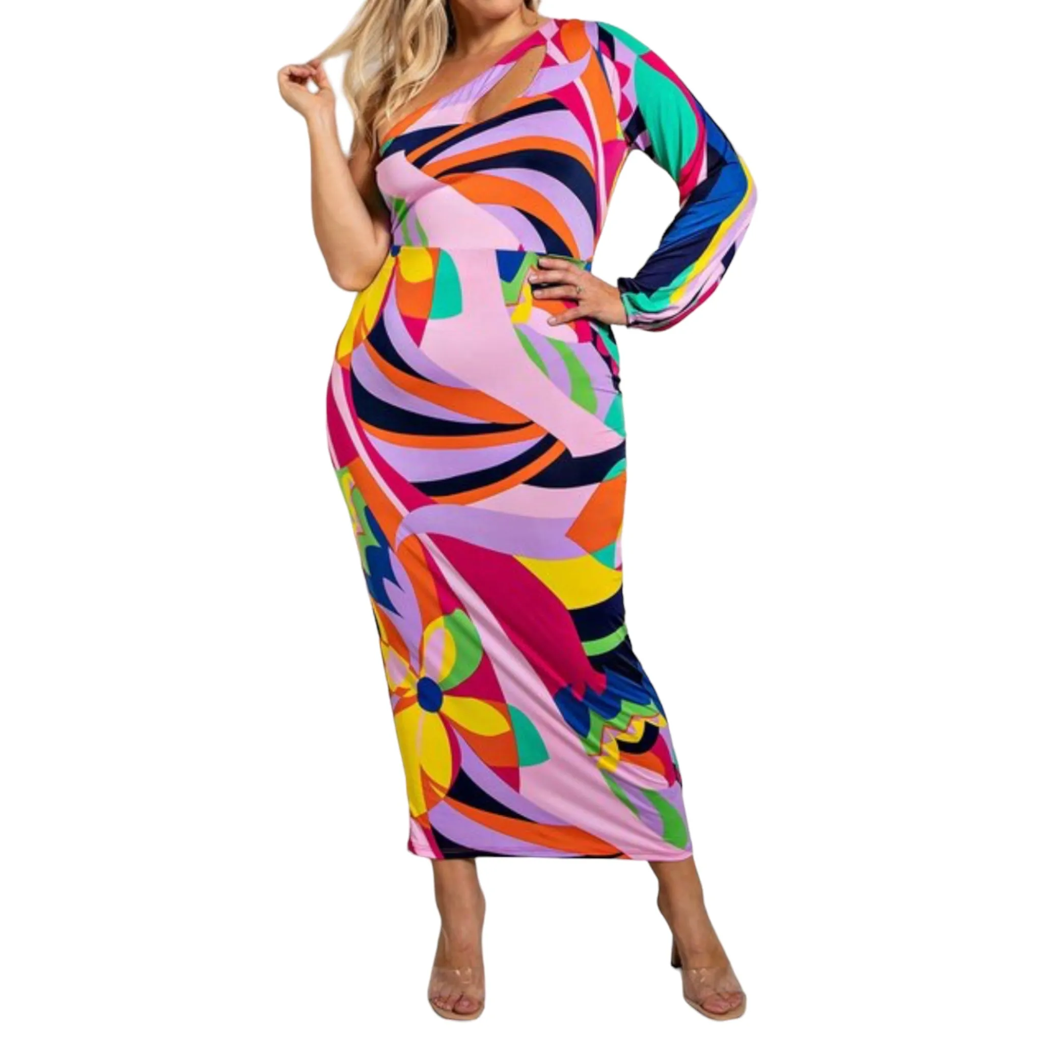 Women's Plus Multicolored One Shoulder Maxi Dress